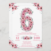 大6誕生日緑色葉少女ピンク色の花 招待状 (正面/裏面)