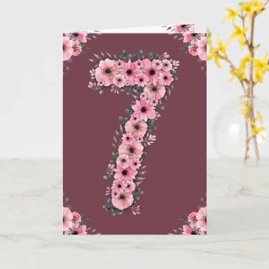 大7誕生日ピンク花緑の葉少女 カード (黄色い花)