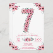 大7誕生日緑葉少女ピンクの花 招待状 (正面/裏面)