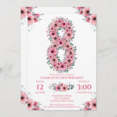 大8誕生日緑葉少女ピンクの花 招待状 (正面/裏面)