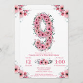 大9誕生日緑色葉少女ピンク色の花 招待状 (正面/裏面)