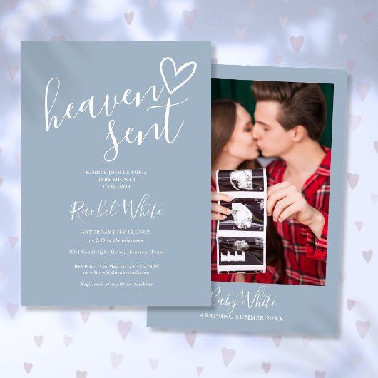 天から贈られたダスティーブルーの写真ボーイ ベイビーシャワー 招待状