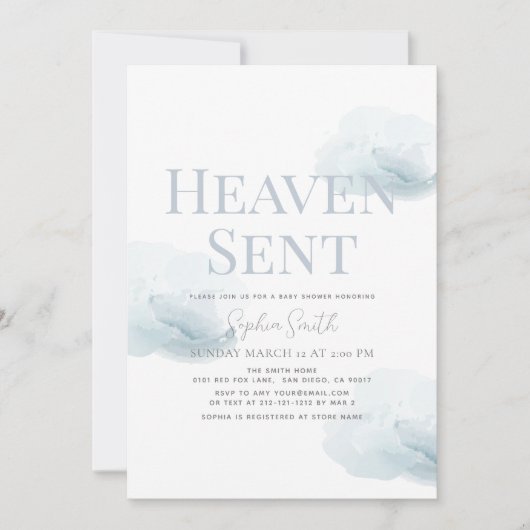 天から贈られた Boy Blue 雲のベイビーシャワー 招待状 (正面)