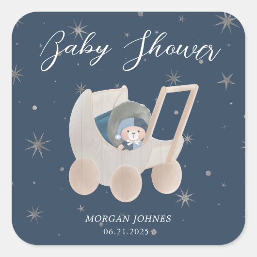 天にかわいいクマの赤ちゃんシャワー スクエアシール (正面)