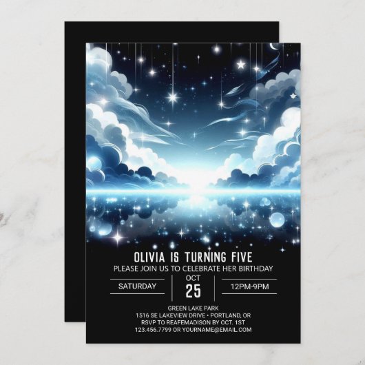 天にかわいい天体デジタル誕生日 招待状 (正面/裏面)