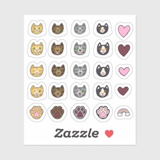 天にかわいい手描き猫顔ステッカーパック シール (シート)