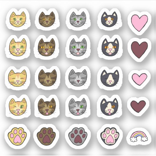 天にかわいい手描き猫顔ステッカーパック シール (正面)
