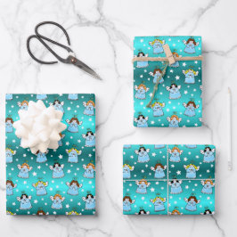 天のクリスマスエンジェルズパターン ラッピングペーパーシート