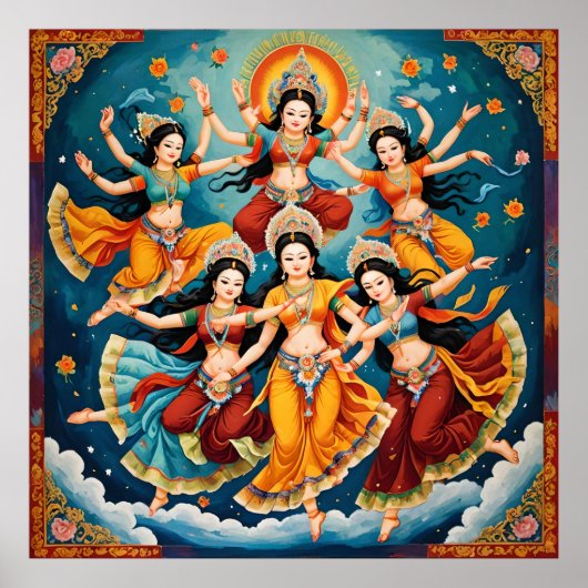 天のダンサーの行列 – Thangka & Kalamkari ポスター (正面)