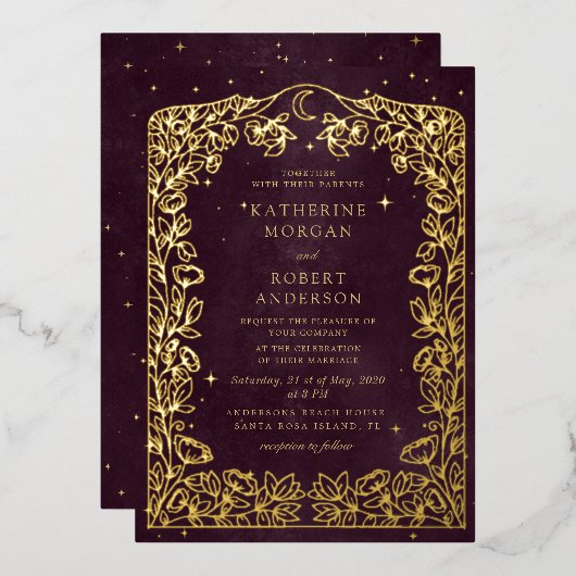 天のブルゴーニュ金ゴールドムーンアンドスターズ結婚ズ 箔招待状 (正面/裏面)