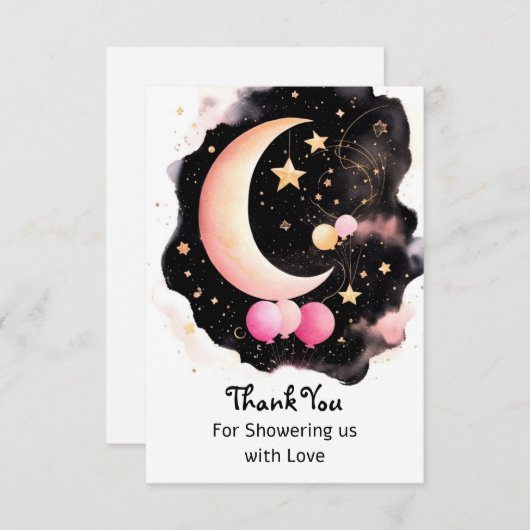 天のベビーガールシャワー:月と星喜び サンキューカード (正面/裏面)