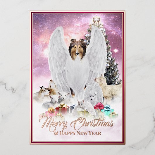天のペットのクリスマスイブ、セーブルコリー天使 – 箔シーズンカード (正面)