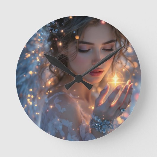 天のライトベアラー – 天使が星を保持 ラウンド壁時計 (正面)
