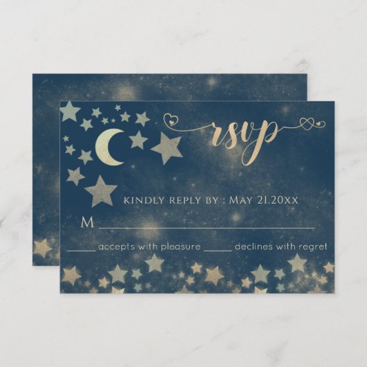 天のロマンティックな月と星のカリグラフィー出欠確認 出欠カード (正面/裏面)