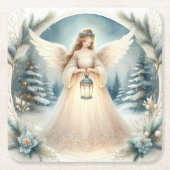 天の冬の天使 希望のランタン スクエアペーパーコースター (正面)