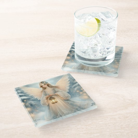 天の冬の天使 慈悲のランタン ガラスコースター (アングル)