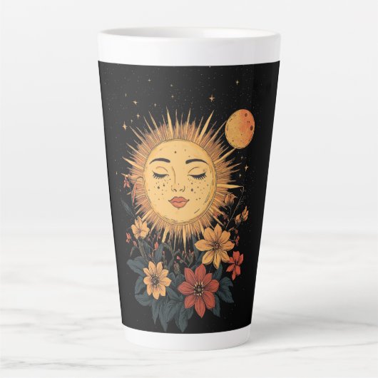 天の太陽の女神と開花花模様 カフェラテマグ (正面)