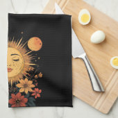 天の太陽の女神と開花花模様 キッチンタオル (四つ折り)