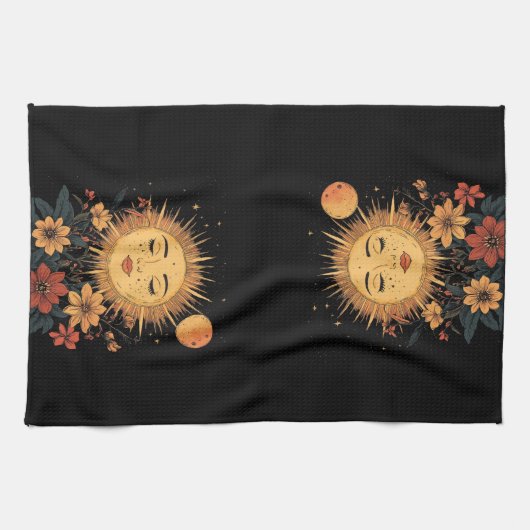 天の太陽の女神と開花花模様 キッチンタオル (横)