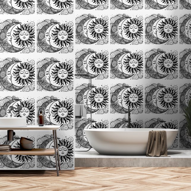 天の太陽の月と星のカスタム着色 壁紙 (浴室)