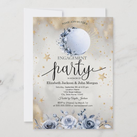 天の太陽、青い月、ローズ、星のエンゲージメント 招待状 (正面)