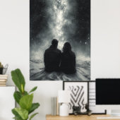 天の川の下でロマンチックな石畳 – 木炭 ポスター (ホームオフィス)