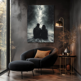 天の川の下でロマンチックな石畳 – 木炭 ポスター