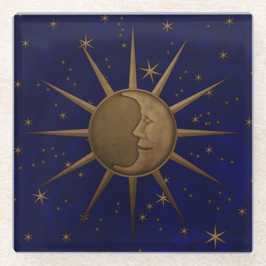 天の日曜日の月の星明かりの夜 ガラスコースター (正面)