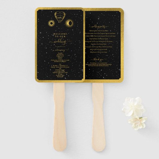 天の星クレセントムーンブラック金ゴールド結婚ズ ハンドファン (正面&裏面)