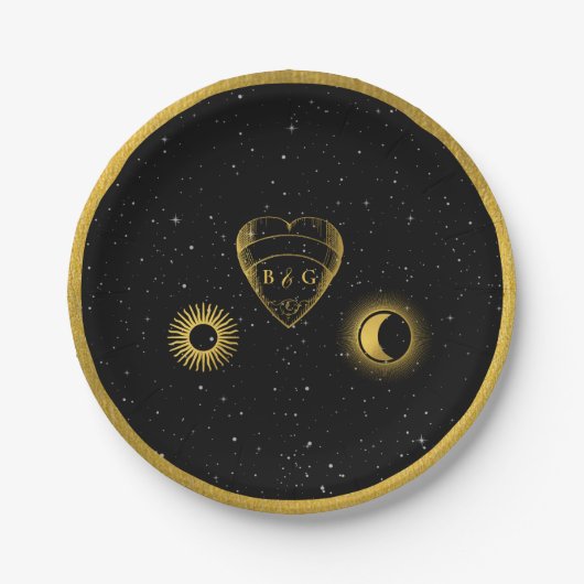 天の星クレセントムーンブラック金ゴールド結婚ズ ペーパープレート (正面)