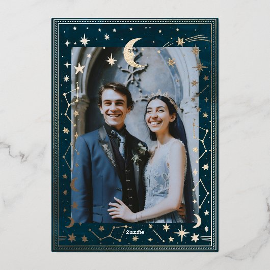 天の星座の金ゴールド結婚の 箔招待状 (裏面)