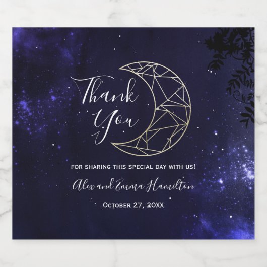 天の星空と金ゴールドムーンワきらめくイン スパークリングワインラベル (シングルラベル)