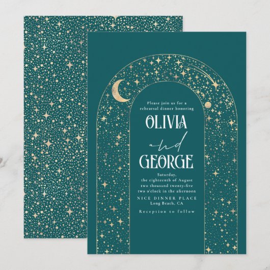 天の月と星のターコイズ色のプレミアムディナー 招待状 (正面/裏面)