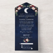 天の月と星のバーガンディーフラワーウェディング オールインワン招待状 (内側)