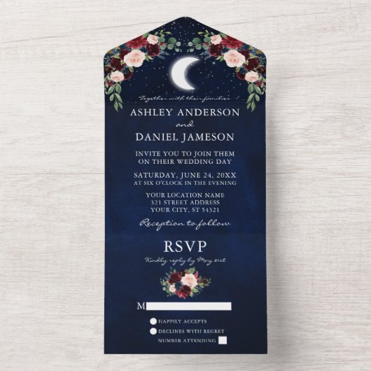 天の月と星のバーガンディーフラワーウェディング オールインワン招待状 (内側)