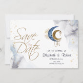 天の月と星のフラットなデザインのSave The Dateカード セーブザデート (正面)