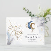 天の月と星のフラットなデザインのSave The Dateカード セーブザデート (スタンド正面)