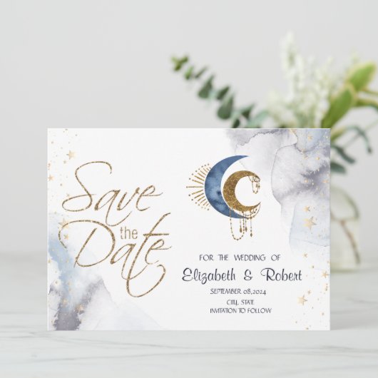 天の月と星のフラットなデザインのSave The Dateカード セーブザデート (スタンド正面)