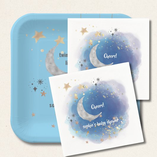 天の月と星、ロイヤルブルーとゴールドの抽象画 スタンダードカクテルナプキン
