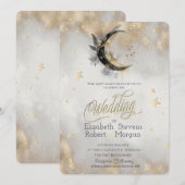 天の月の羽毛ゴールドの星の水彩 招待状 (正面/裏面)