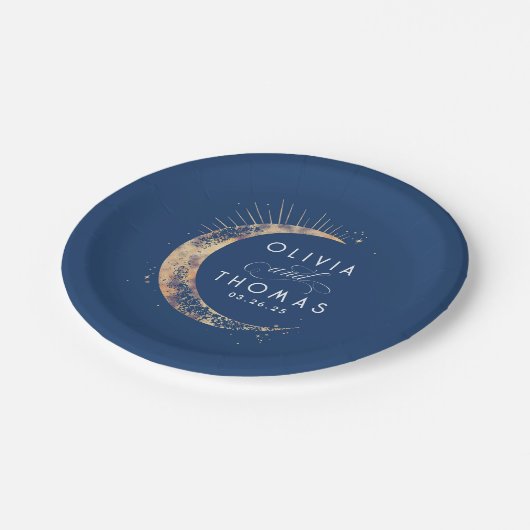 天の海軍青と金の神秘的な結婚式 ペーパープレート (アングル)