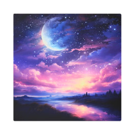 天の満月の星の雲の神秘的な紫 メタルプリント