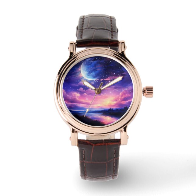 天の満月の星の雲の神秘的な紫 腕時計 (正面)