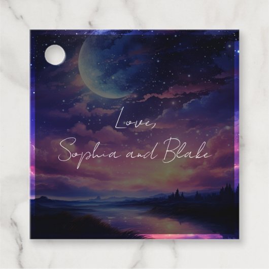 天の満月の星パーソナライズされた結婚の フェイバータグ (正面)
