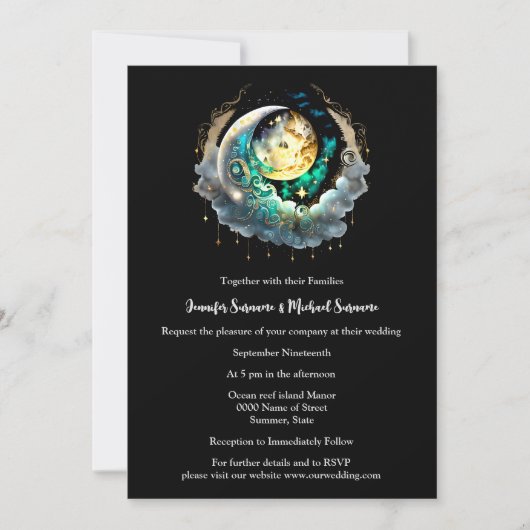 天の満月の黒い緑の白熱［赤熱］光を放つ夜空 招待状 (正面)