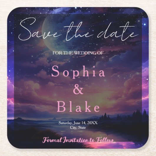 天の満月星のウェディング・セーブ・ザ・デート スクエアペーパーコースター (正面)
