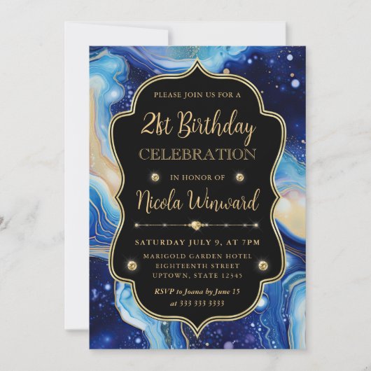 天の瑪瑙 | 青紫のマーブル 誕生日 招待状 (正面)