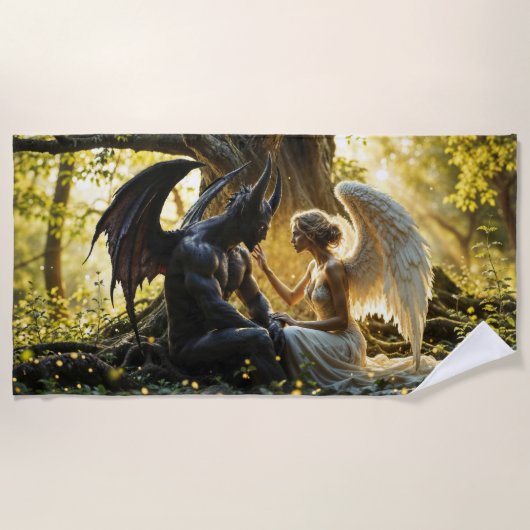 天の生き物の天使の悪魔ファンタジー ビーチタオル (正面)
