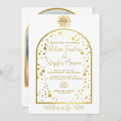 天の白と金ゴールド星ムーン&サン結婚ズ 招待状 (正面/裏面)