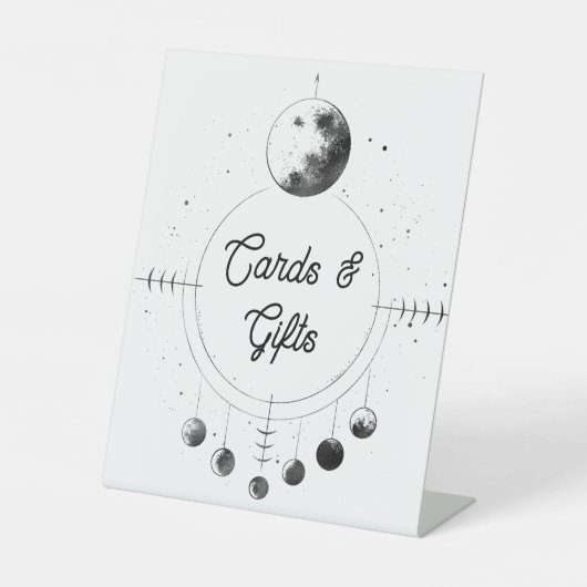 天の白黒ムーンウェディングカードとギフト 台座サイン (正面)